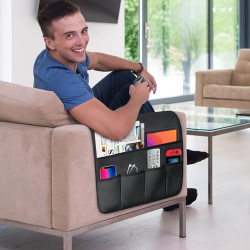 TV Remote Control Holder Couch Caddy, Non-slip Bedside Caddy Organizer with 5 Pockets for Key Glasses Phone Magazine Holders (Black, 35''x18'') - color: Black, size: 35"x18"