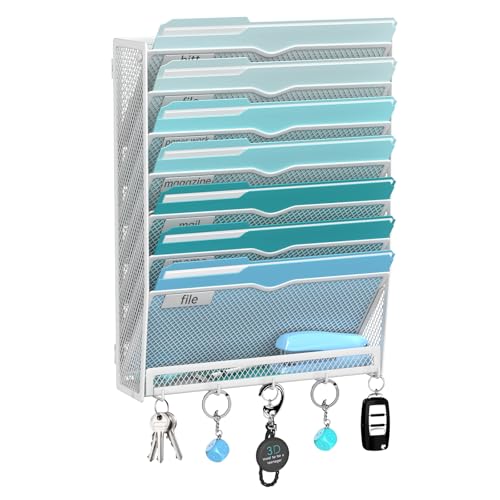 8-Tier Hanging Wall File Organizer with 5 Hooks, Mesh Wall File Holder Vertical Mount Mail Organizer for Papers, Folders, Magazines, Bills, Office and School, White - color: White, size: 8 Tier