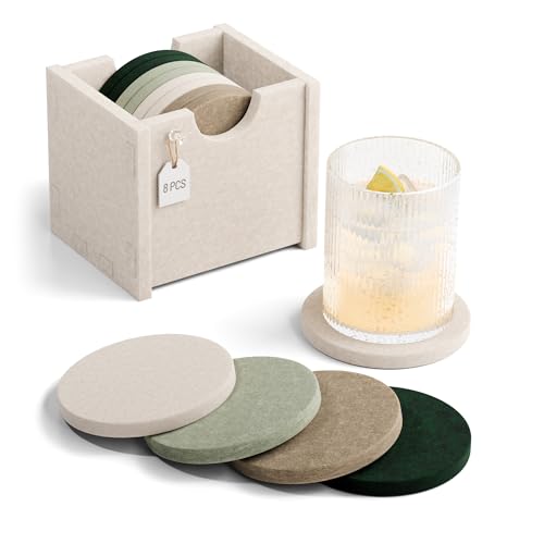 Fluxynara Felt Coasters for Drinks, Set of 8 Absorbent Coasters with Holder, Heat-Resistant & Reusable Round Design for Coffee Table & Living Room, 3.94 Inch, Nordic Moss - color: Nordic Moss, size: Round - 8 Count