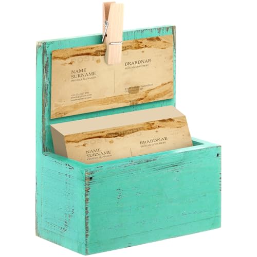 Wonderjune Wood Business Card Holder Vintage Wooden Open Card Stand Farmhouse Desktop Business Organizer Display Stand with Clip for Office Home Counters Tabletop Desk(Green) - color: Green