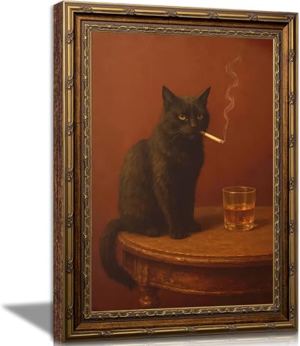 Electrilucn Vintage Gold Framed Black Cat Wall Art Humor Smoking Cat Portrait Canvas Prints Poster Moody Whimsical Animal Pictures Funny Rustic Wall Decor for Living Room Bedroom Bathroom 9x11in - color: Smoking Cat, size: 11"L x 9"W