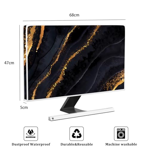 Waterproof Monitor Dust Cover 26, 27, 28 Inch Anti-Static Dustproof Protective Full Body Cover for Computer Screen Sleeve Compatible with iMac 26-28 Inch PC,Desktop and TV, Black Marble - color: Black and Golden-1, size: 26-28 Inch
