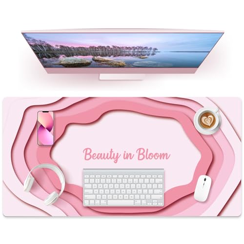 Dual-Sided PU Leather Desk Mat Blotter for Office, Home, Computer, Keyboard, Mouse, 15.7"x31.5" Large Non-Slip Writing Mat with Travel Storage Strap, Waterproof Easy to Clean (Pink Minimalist) - style: Pink Minimalist
