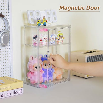 Acrylic Display Case Compatible with Labubu POP MART,3 Pack Clear Display Cases for Figure Collectibles, Stackable Figure Display Box with Magnetic Door and Movable Dividers - size: 3 pack
