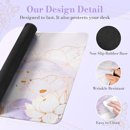 iCasso Desk Cover Mat, Extra Large Lotus Mouse Pad, Desk Pad Mat,Office Matt for Desktop Protector, Anti-Slip XXL Big Mousepad with Stitched Edges for Laptop Computer Keyboard(Purple Lotus Leaf) - color: Purple Lotus Leaf