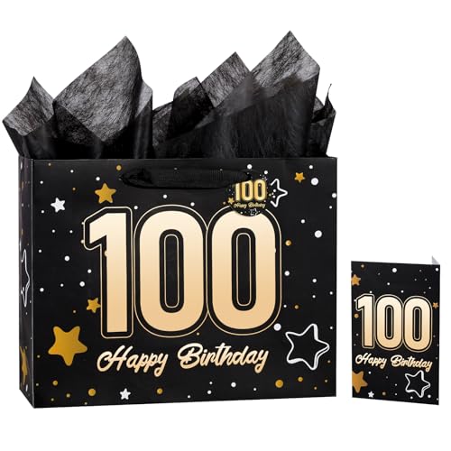 Powbrace 13" Black 100th Birthday Gift Bag with Tissue Paper and Greeting Card for Party,Happy Birthday Gift Bag for Men Women,Gift Bags Medium size(1 Black 100th) - color: Black 100th, size: 1 count (Pack of 1)