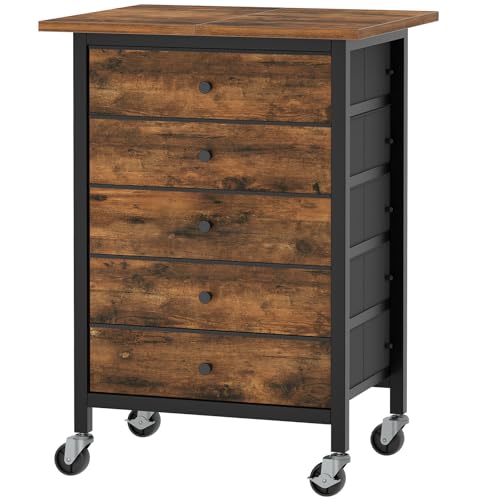 MAHANCRIS 5 Drawer File Cabinet,Rolling Filing Chest Cabinet with Wheels, Under Desk Storage Organizer, Printer Stand with Non-Woven Fabric Drawer, for Home Office, Study, Rustic Brown FCHR4801 - color: Rustic Brown, Black