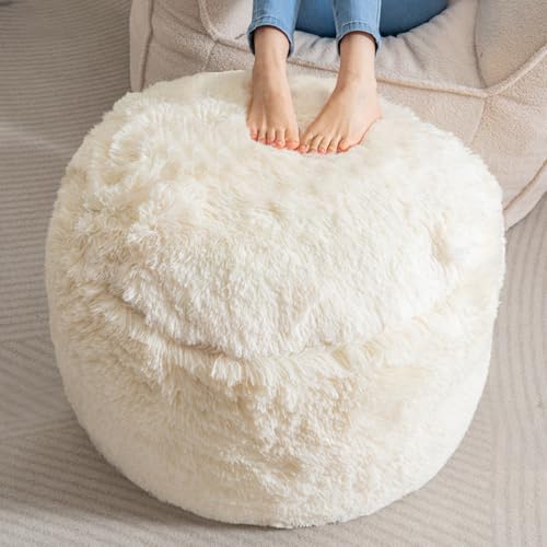HIGOGOGO Round Stuffed Pouf Ottoman, Long Faux Fur Poufs with Foam Chunk Filling, Fluffy and Furry Pouf Foot Stool Storage Ottoman, 26 X 18 Floor Poufs Foot Rest for Living Room, White - color: Beige, size: 26"D x 26"W x 18"H