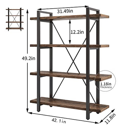 4 Tier Bookshelf Solid Wood Bookcase and Book Shelves Wood and Metal Shelving Rustic Open Bookshelf Office,Distressed Brown (AY-02-4Tier) - size: 4Tier