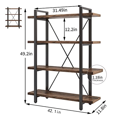 4 Tier Bookshelf Solid Wood Bookcase and Book Shelves Wood and Metal Shelving Rustic Open Bookshelf Office,Distressed Brown (AY-02-4Tier) - size: 4Tier