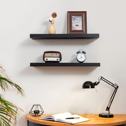 Fun Memories Handcrafted European Pine Floating Shelves - Natural Rustic Wooden Wall Shelf Set of 2-24 Inch Storage Shelf Display Shelf for Kitchen Bathroom Living Room Bedroom Farmhouse - Black - color: Black, size: 24"W x 5.7"D - 2P