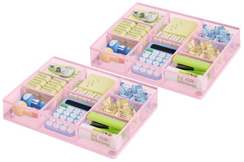 Marbrasse 2P Pink Desk Drawer Organizer, Metal Mesh Drawer Organizer Tray with 5 Adjustable Compartments,Desk Organizers and Accessories for Home,Office,Kitchen,Makeup,Vanity (Pink) - color: 2Pack Pink
