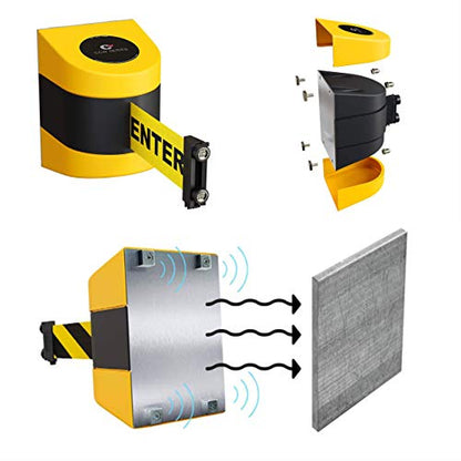 Crowd Control Warehouse - CCW Series WMB-230 Magnetic Wall Mount Retractable Belt Barrier - 30 Foot Belt, Yellow with"Cleaning in Progress" Black Letters Belt with Black ABS Case - color: CLEANING IN PROGRESS, size: 30 foot belt