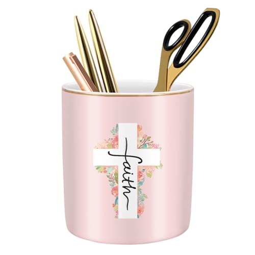 Ceramic Pen Holder for Desk Cute, Pencil Holder Cup, Makeup Brush Holder Pink, Multi-Functional Organizer for Office, Religious Style - color: Religious Style
