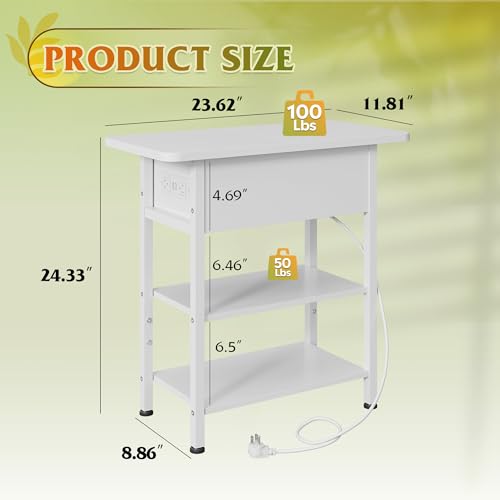 WLIVE End Table with Charging Station, Flip Top Side Table with Storage Shelf, Sofa Couch Table with USB Ports and Outlets, Narrow Bedside Table for Living Room, Bedroom ,11.81"D x 23.62"W x 24.33"H - color: White