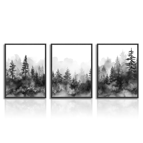 Dazzlewall Misty Forest Mountain Wall Decor Poster Black White Forest Landscape Wall Poster for Bedroom Living Room Decor 12x16 in Unframed Set of 3 - color: Black White Forest