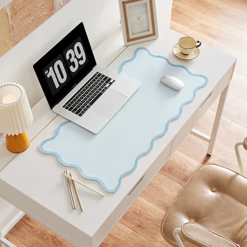 Blue Scalloped Desk Mat, 31.5" x 15.7", PU Leather, Waterproof Anti-Slip, Cute Aesthetic Desk Pad for Office/Home/Game - color: Blue