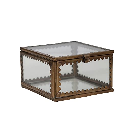 Creative Co-Op Brass and Glass Display Box with Scalloped Edges and Antique Finish, Brass Color - size: 3" Square x 1.75"H