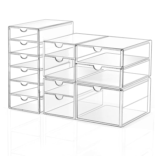 Makeup Drawer Storage Organizer with 13 Drawers, 3 Set Acrylic Office Desk Organization and Storage, Dustproof Drawer Organizer for Makeup, Office, Countertop, Jewelry, Pen, Desktop, Bathroom, Bedroom - size: 13 Drawers