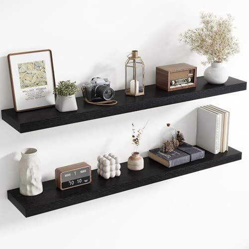 55 Inch Floating Shelves for Wall, 8 Inch Deep Floating Shelf for Storage & Display, Rustic Wall Mounted Shelf with Invisible Brackets for Living Room, Kitchen, Bathroom, Home Decor, Set of 2, Black - color: Black, size: 55 Inch, Set of 2