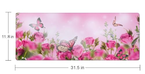 Mouse Pad Gaming, Large Mouse Pads for Desk, Keyboard Mouse Mat Desk Pad, Non-Slip Rubber Base with Stitched Edges Mousepad, 31.5x11.8in Roses Butterfly - color: Roses Butterfly