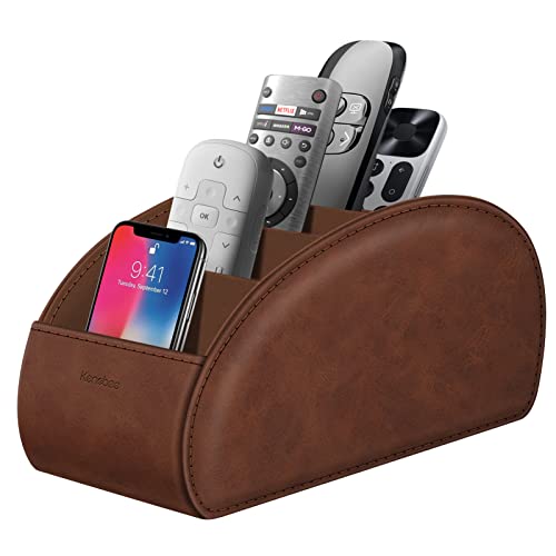 Large Remote Control Holder with 5 Compartments, KENOBEE Anti-slip Desktop Caddy Storage Organizer for Phone, Remote Controllers, Office Supplies, Makeup Brush, Media Accessories,Brown - color: Brown, size: Large