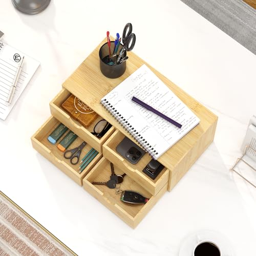 Wisuce Desk Organizer with Drawers - Bamboo Desktop Organizer Storage | White-Natural Wood Desk Drawers Organizer for Bills, Office Supplies, Cosmetics, Seals No Assembly Required(4 drawers) - color: Natural-4 Drawers, size: 12.99”L x 7.48”W x 6.3”H