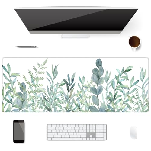 XXL Waterproof Office Desk Pad Protector 31.5x11.8 Inch - Extended Gaming Mouse Pad with Non-Slip Rubber Base, Thickened Keyboard Mat, Stitched Edges & Green Plants Design - color: Green White