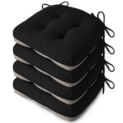Indoor Kitchen Chair Cushions Set of 4 18"X16.5"X3" Soft Anti Slip Dining Chair Pads Tufted Kitchen Seat Cushion with Ties, Black - color: Black