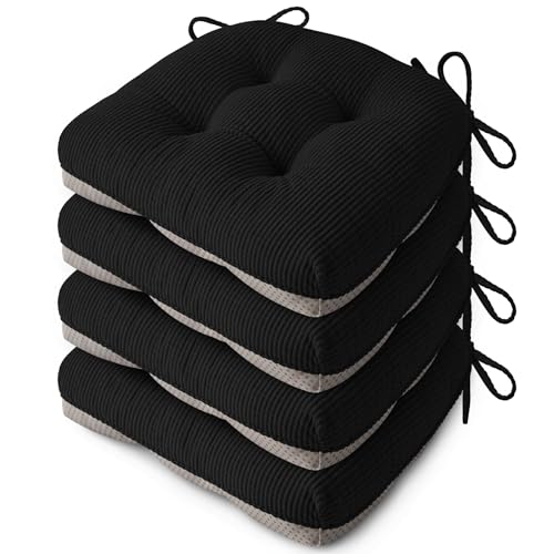 Indoor Kitchen Chair Cushions Set of 4 18"X16.5"X3" Soft Anti Slip Dining Chair Pads Tufted Kitchen Seat Cushion with Ties, Black - color: Black