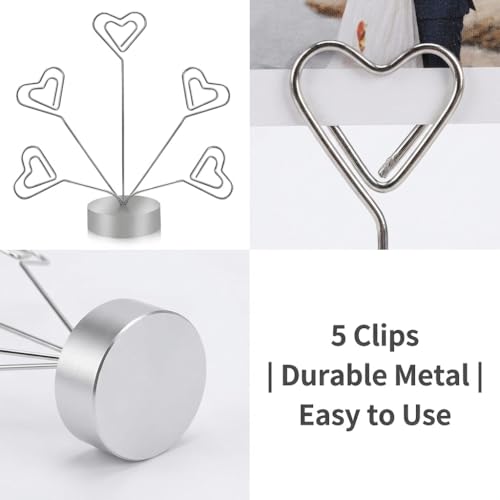 Desktop Heart-Shaped Photo Tree Style Holders Round Base,5-Branch Family Picture Frame Clips Holder Desk Card Display Stand for Christmas,Wedding, Birthday Party,Gift Silver - color: Gift Silver