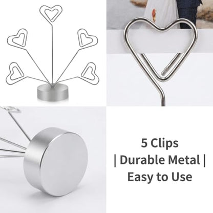 Desktop Heart-Shaped Photo Tree Style Holders Round Base,5-Branch Family Picture Frame Clips Holder Desk Card Display Stand for Christmas,Wedding, Birthday Party,Gift Silver - color: Gift Silver