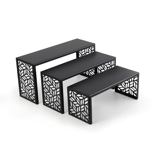 3 Tier Black Metal Display Risers, Display Stand for Perfume Purse Handbag Shoe Jewelry Cupcake Dessert and Amiibo Funko POP Figure - color: Black Metal Display Risers