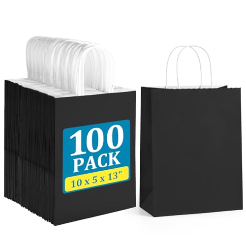 BagDream Black Gift Bags with Handles Bulk 10x5x13 Large Black Kraft Paper Bags Recyclable for Shopping, Merchandise, Retail, Grocery Gift Sacks - color: Dark Black