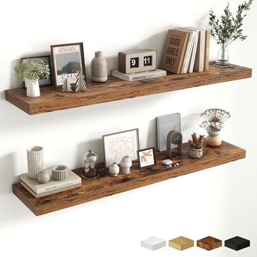 48 Inch Floating Shelves for Wall - 10 Inch Deep Fireplace Mantel Shelf - Wood Floating Shelf for Wall - Large Storage Shelves Wall-Mount for Living Room & Bedroom - Rustic Brown - Set of 2 - color: Brown Color, size: 48W x 10D x 1.5H