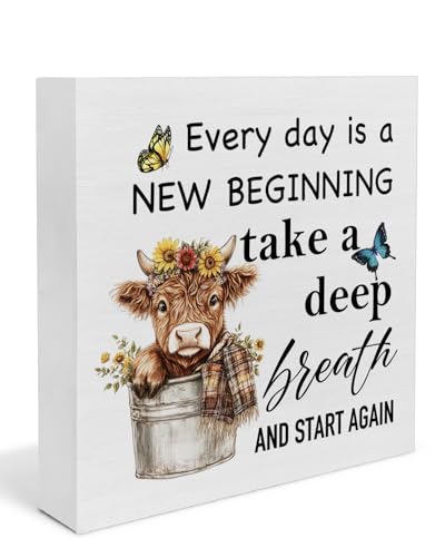 Highland Cow Decor for Bathroom Bedroom, Every day is a New Beginning Wooden Box Sign, Highland Cow Gifts for Cows Lovers Women Men - color: Highland Cow