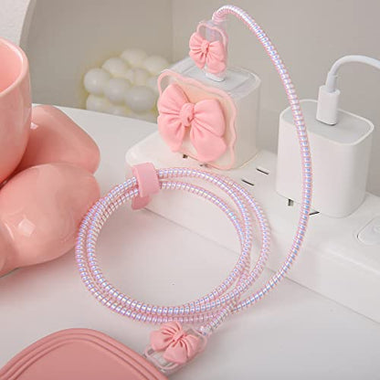 Compatible with iPhone 18W/20W USB-C Charger Cover Cute 3D Bow Tie Design Clear Soft Charger Protector Kawaii Cable Saver for iPhone 11 12 13 14 Pro Max Fast Power Adapter, Pink 2 (5in1) - color: Pink 2 (5 in 1)