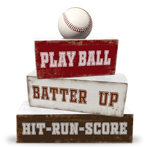 4 Pcs Baseball Table Decorations Sports Wooden Desk Sign Baseball Tiered Tray Decor Tabletop Centerpiece for Birthday Party Home Bedroom Teens Room Mantel Shelf - color: Baseball