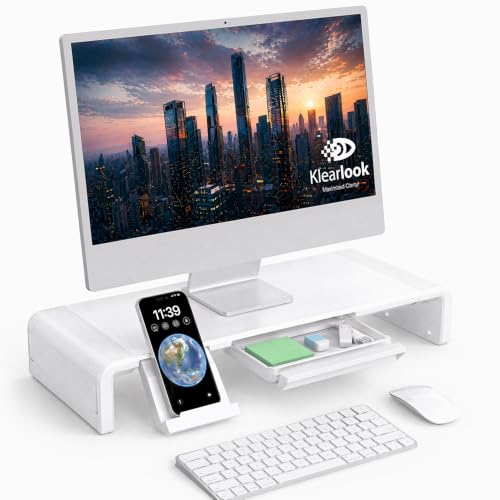Monitor Stand Riser, Klearlook Foldable, Height Adjustable Computer Stand, Desk Shelf Riser with Storage Drawer &Tablet Phone Stand for Desktop, Laptop (White) - color: White