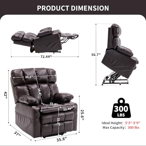Power Dual Motor Lift Recliner Chair with Massage & Heat Adjustable Headrest, Reclining Home Theater Seating, Single Sofa with USB/Type C/Cup Holders/Side Pocket (Brown, 1 Seat) - color: Brown, size: 1 Seat