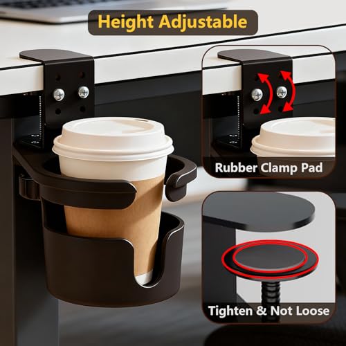Desk Cup Holder Clip On 360° Rotating Clamp,Deeper Anti-Spill Drink Holders for Water Bottles & Coffee Mugs,Adjustable Clamp Fits Screw On Table for Drinks,Office,Gaming Desk,Home,Black - size: 3.62"L x 3.62"W x 3.5"H