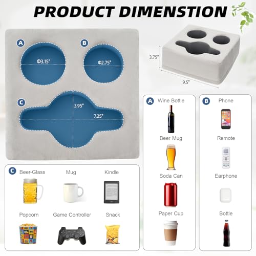 G GOOD GAIN Couch Cup Holder Pillow, Spill-Proof Sofa Drink Cup Holder & Multi-Use Organizer for Sofa, Bed, Car, Beach - Holds Mugs, Phone, Snacks, Remote Control, KeepTemp Design (LightGrey) - color: Light Gray, size: 9.5 x 9.5 inches