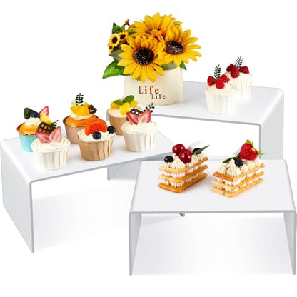 RattanView 3 Pcs Extra Large 12, 11, 10.25 Inch White Acrylic Display Risers Rectangular Acrylic Shelf Riser Display Stands 5 mm Thick for Collectibles Figures Cupcakes Plants