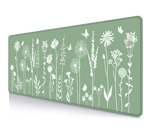 IMAYONDIA Cute Sage Green Desk Mats Mousepad, Plant Floral Anime Deskmat, Aesthetic Desk Pad, Minimalist Mint White Leaves Large Gaming Mouse Pad, Decor Accessories, 31.5 X 11.8 - color: Sage Green Plant