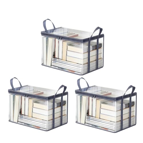 3 PCS Clear Book Storage Containers with Lids - Durable Comic Book Protector & Media Organizer - Collapsible Vinyl Storage Bag with Zipper for Books, Blu-Rays and Office Supplies - 15" x 9.5" x 12.5" - color: Gray, size: 3-Pack