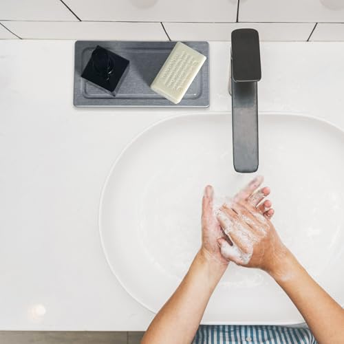 2 PCS Water Absorbing Stone Trays for Bathroom Sink & Kitchen Counter, Fast-Drying Diatomite Sink Coasters, Vanity Tray, Hand Soap Holder with Anti-Skid Pads (9.5" x 4.7" Gray) - color: 9.45" X 4.72" Grey