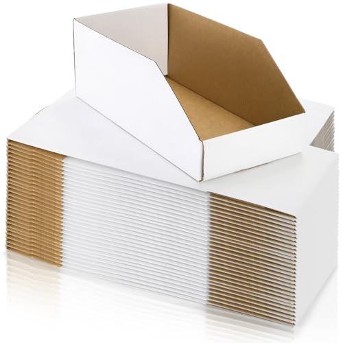 Tlence 35 Pack Cardboard Storage Bins, 12" x 6" x 4.5" Corrugated Open Top Box, White Pantry Shelf Organizer Bins for Parts Snacks, Ideal for Garage Warehouse Home Packing Moving, Easy Assembly
