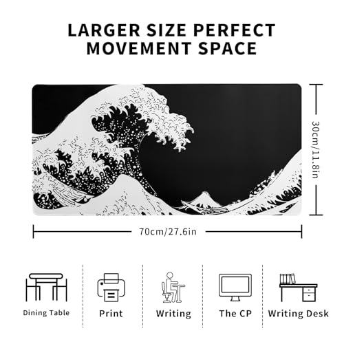 Japanese Sea Wave Large Mouse Pad, Abstract Black Gaming Mousepad, Extended Kanagawa Mat Desk Pad, 3mm Thick Long Non-Slip Rubber Base Mice Pad for Office and Home, 27.6x11.8 Inch - color: Sea Wave 2