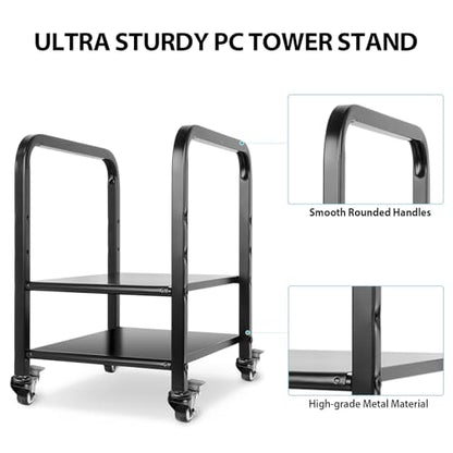 Computer Tower Stand, Height Adjustable PC Floor Stand 2-Tier for Mini/Mid Tower, Full Metal Rolling CPU Holder Cart with Locking Caster Wheels for Home and Office, Black
