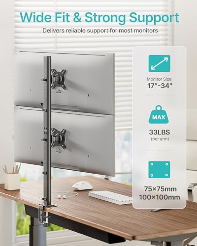 Pegzone Vertical Dual Monitor Mount for 17–34 Inch Screens, Stacked Monitor Stand, Holds up to 33 lbs per Arm, 33.1" Extra Tall Pole, Full Motion Height Adjustable Mount, 75/100 VESA, Clamp & Grommet